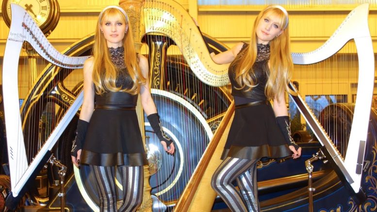 2 girls playing 3 harps cover Black Sabbath’s “Iron Man”